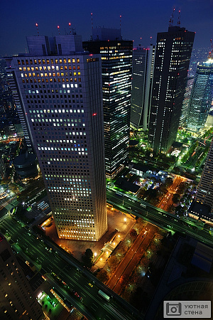 Ночные небоскребы в Токио. Япония